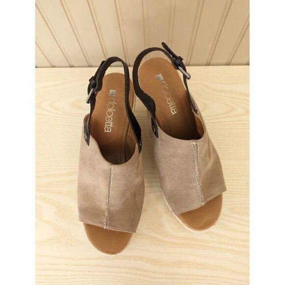 Dolcetta Taupe/Black Peep Toe Sling Back Espadrille Wedge Women's Size 8 - Picture 5 of 7